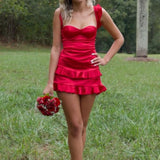 Junelle | Red - Sweetheart Satin Ruffles Short Homecoming Dresses