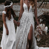 Henley | White Boho A-Line Lace Wedding Dress with Appliques