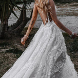 Henley | White Boho A-Line Lace Wedding Dress with Appliques