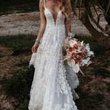 Henley | White Boho A-Line Lace Wedding Dress with Appliques