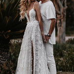 Henley | White Boho A-Line Lace Wedding Dress with Appliques