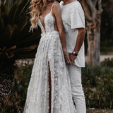 Henley | White Boho A-Line Lace Wedding Dress with Appliques