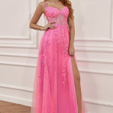A Line Spaghetti Straps Navy Prom Dress with Appliques