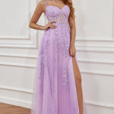 A Line Spaghetti Straps Navy Prom Dress with Appliques