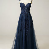 A Line Spaghetti Straps Navy Prom Dress with Appliques