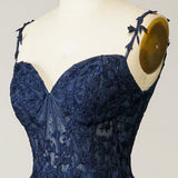 A Line Spaghetti Straps Navy Prom Dress with Appliques