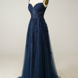 A Line Spaghetti Straps Navy Prom Dress with Appliques