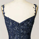 A Line Spaghetti Straps Navy Prom Dress with Appliques