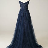 A Line Spaghetti Straps Navy Prom Dress with Appliques