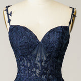 A Line Spaghetti Straps Navy Prom Dress with Appliques