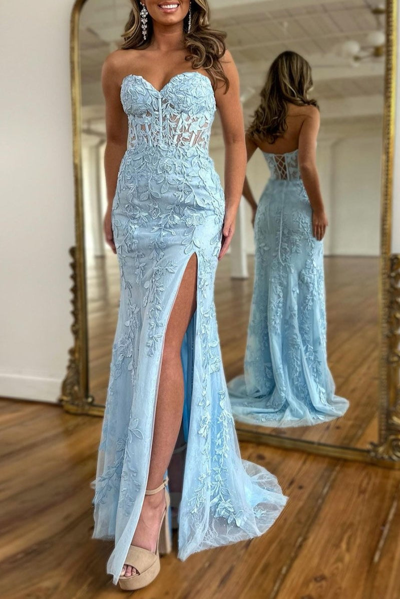 Luma | Hot Pink Mermaid Strapless Corset Lace Long Prom Dress with Slit
