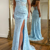 Luma | Hot Pink Mermaid Strapless Corset Lace Long Prom Dress with Slit