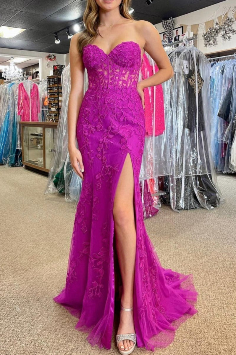 Luma | Hot Pink Mermaid Strapless Corset Lace Long Prom Dress with Slit