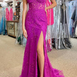 Luma | Hot Pink Mermaid Strapless Corset Lace Long Prom Dress with Slit
