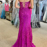 Luma | Hot Pink Mermaid Strapless Corset Lace Long Prom Dress with Slit