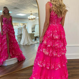 Nola | Glitter Lavender A-Line Lace Off The Shoulder Long Tiered Prom Dress With Split