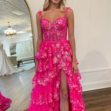 Nola | Glitter Lavender A-Line Lace Off The Shoulder Long Tiered Prom Dress With Split