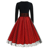 1950S Black and Beige Retro Polka Dot Long Sleeve Belted Vintage Dress