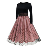 1950S Black and Beige Retro Polka Dot Long Sleeve Belted Vintage Dress