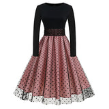 1950S Black and Beige Retro Polka Dot Long Sleeve Belted Vintage Dress