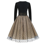 1950S Black and Beige Retro Polka Dot Long Sleeve Belted Vintage Dress