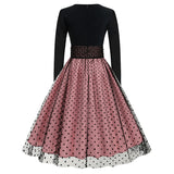 1950S Black and Beige Retro Polka Dot Long Sleeve Belted Vintage Dress