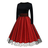 1950S Black and Beige Retro Polka Dot Long Sleeve Belted Vintage Dress