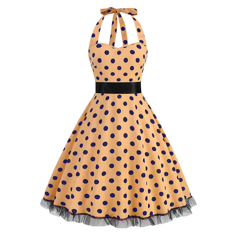 1950S Black and White Polka Dot Halter Neck Vintage Dress
