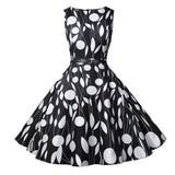 1950s White and Black Sleeveless Retro Polka Dot Belted Vintage Dress