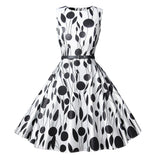 1950s White and Black Sleeveless Retro Polka Dot Belted Vintage Dress