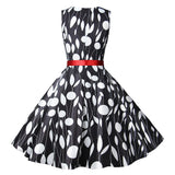 1950s White and Black Sleeveless Retro Polka Dot Belted Vintage Dress