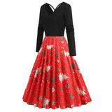1950S Black Christmas Santa Hat Print Long Sleeve Vintage Dress