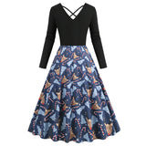 1950S Black Christmas Santa Hat Print Long Sleeve Vintage Dress