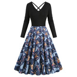1950S Black Christmas Santa Hat Print Long Sleeve Vintage Dress