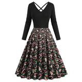 1950S Black Christmas Santa Hat Print Long Sleeve Vintage Dress