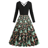 1950S Black Christmas Santa Hat Print Long Sleeve Vintage Dress
