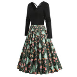 1950S Black Christmas Santa Hat Print Long Sleeve Vintage Dress