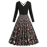 1950S Black Christmas Santa Hat Print Long Sleeve Vintage Dress