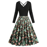 1950S Black Christmas Santa Hat Print Long Sleeve Vintage Dress