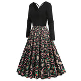 1950S Black Christmas Santa Hat Print Long Sleeve Vintage Dress