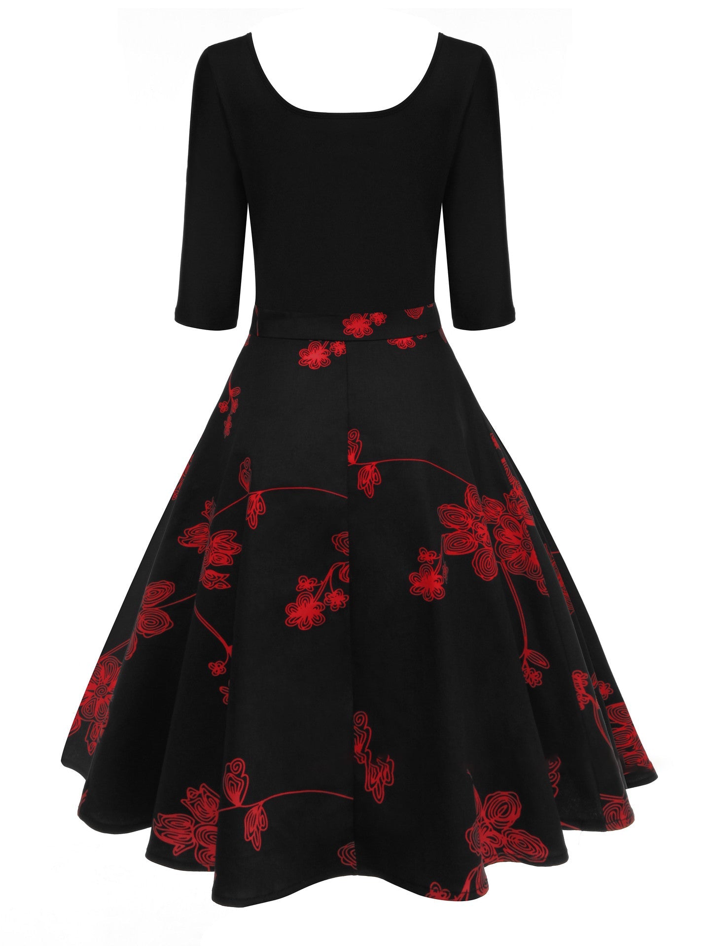 1950S Black Floral Bird Print 3/4 Sleeve Vintage Swing Dress