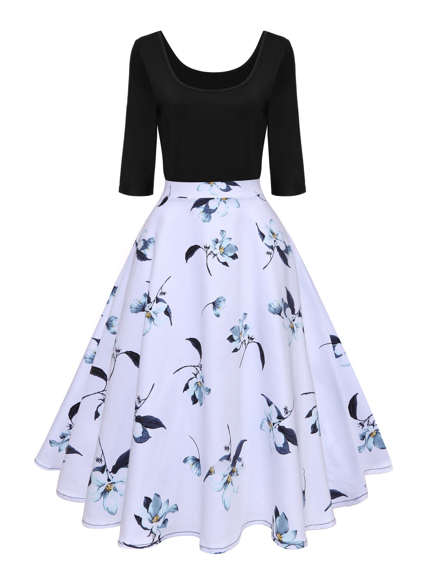 1950S Black Floral Bird Print 3/4 Sleeve Vintage Swing Dress
