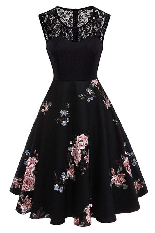 1950S Black Floral Lace Patchwork Sleeveless Vintage Swing Dress
