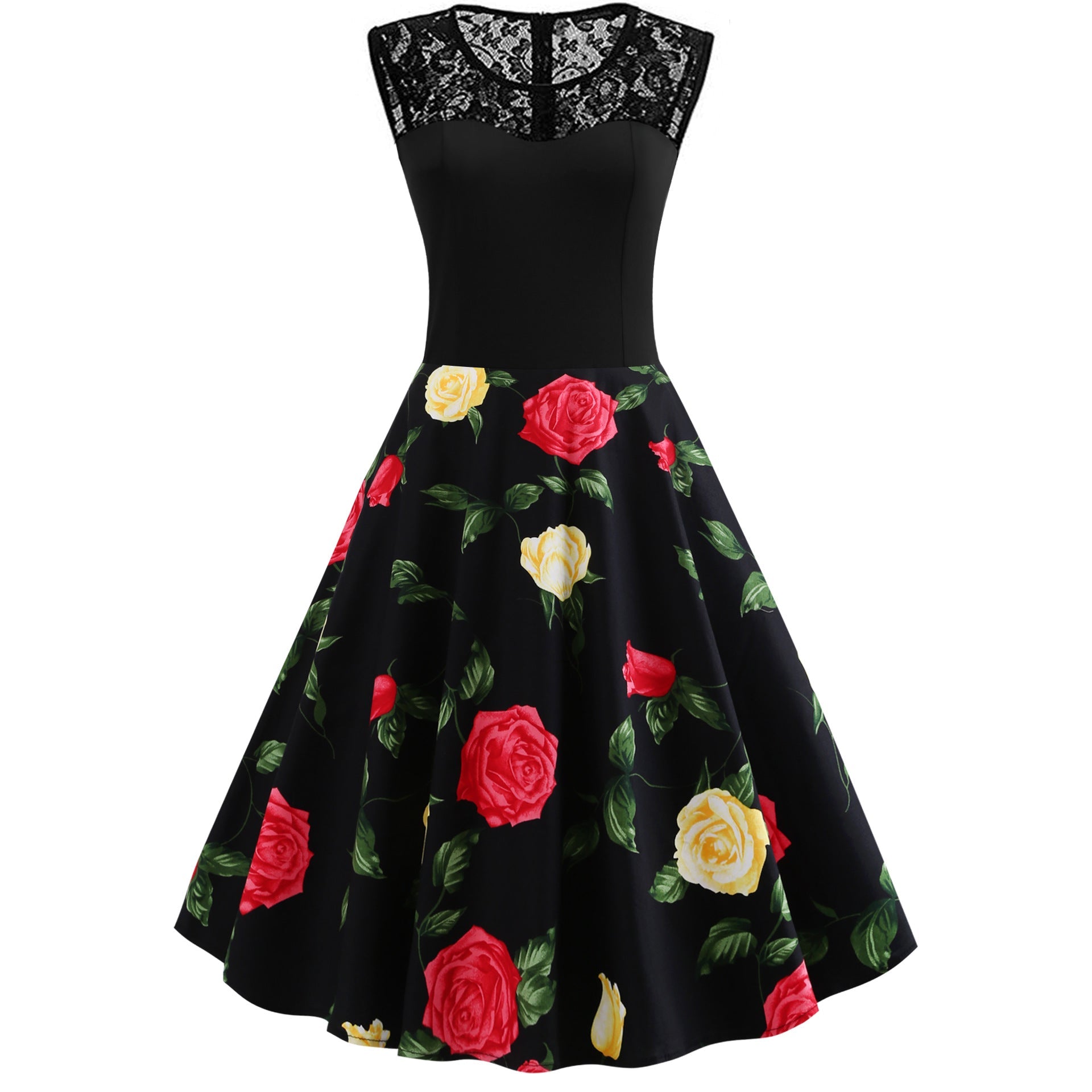 1950S Black Floral Lace Patchwork Sleeveless Vintage Swing Dress
