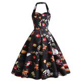 1950s Black Halter Christmas Print Vintage Dress with Santa and Snowflake Patterns