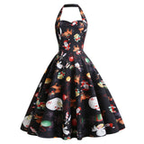 1950s Black Halter Christmas Print Vintage Dress with Santa and Snowflake Patterns