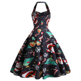 1950s Black Halter Christmas Print Vintage Dress with Santa and Snowflake Patterns