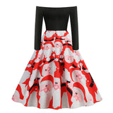 1950s Black Off-Shoulder Santa Print Long Sleeve Vintage Dress