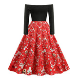 1950s Black Off-Shoulder Santa Print Long Sleeve Vintage Dress