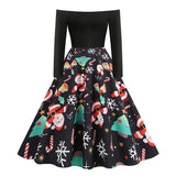 1950s Black Off-Shoulder Santa Print Long Sleeve Vintage Dress